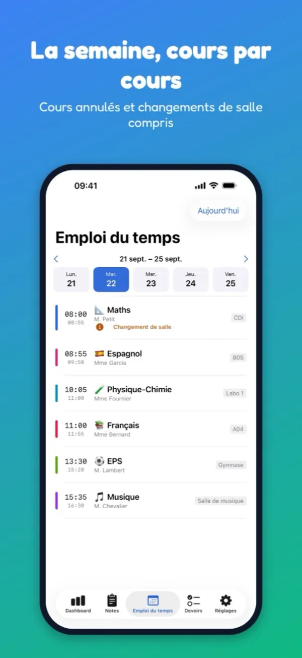 Emploi du temps d'une journée, avec un changement de salle