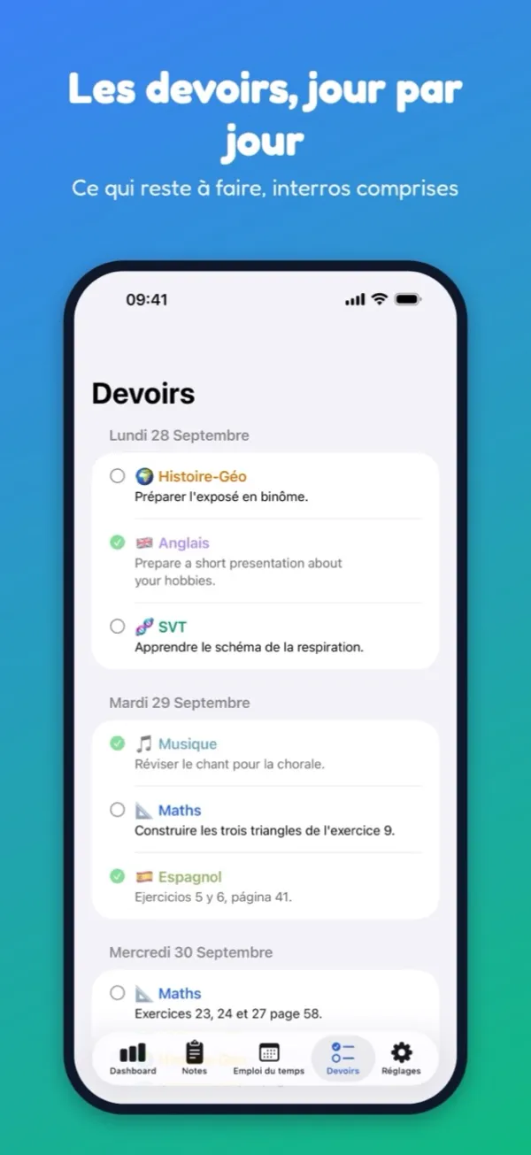 Devoirs à faire, regroupés par jour