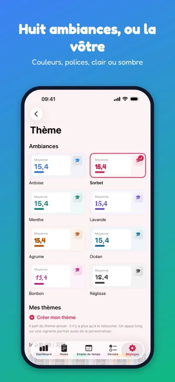 Choix de l'ambiance de l'app parmi huit thèmes