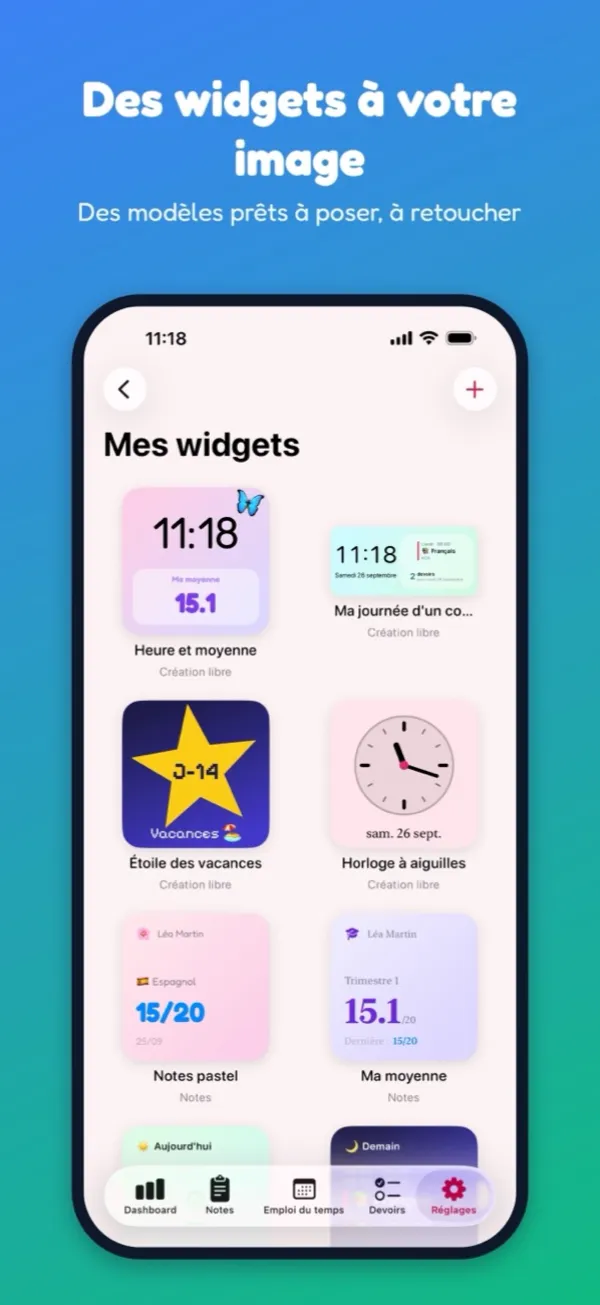 Galerie des widgets créés dans l'app
