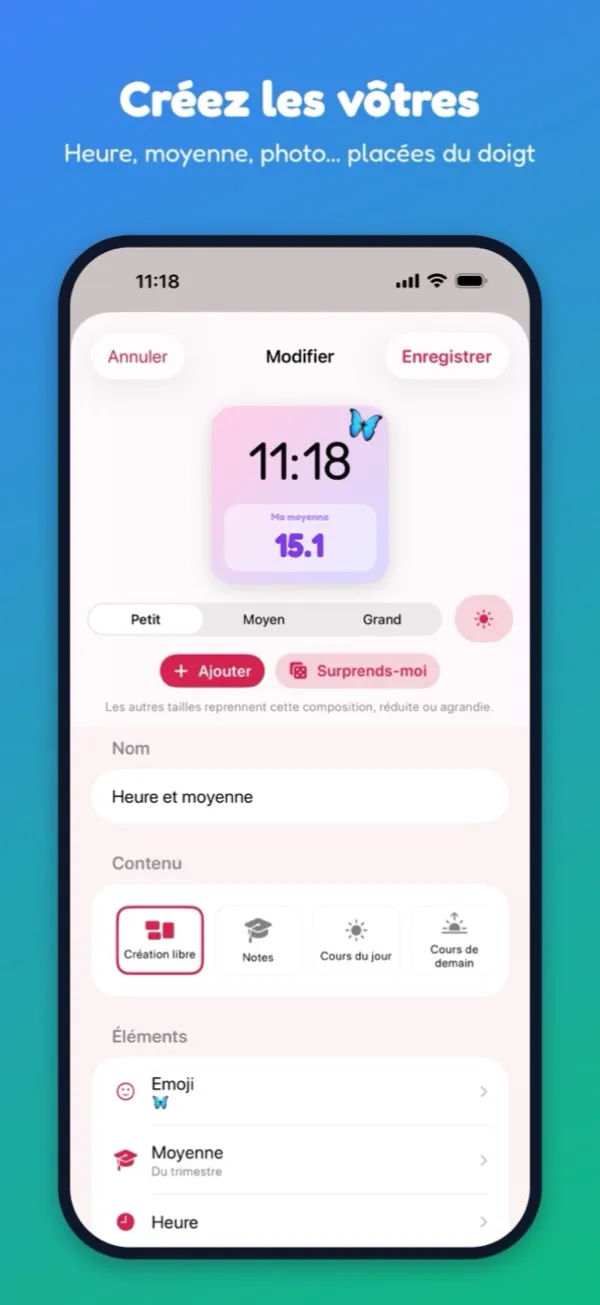 Éditeur de widget avec l'heure et la moyenne